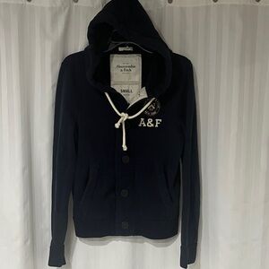 Abercrombie & Fitch Men’s Navy Button Down Hooded Sweatshirt Embroidered Logo